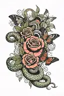 roses and butterflies and snakes tattoo design idea