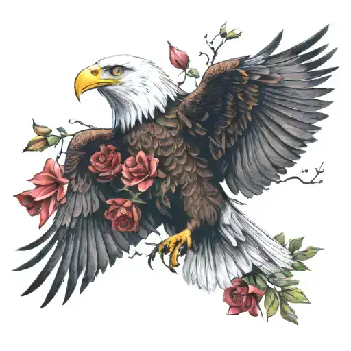 bald eagle soaring with red roses and orchids tattoo design idea