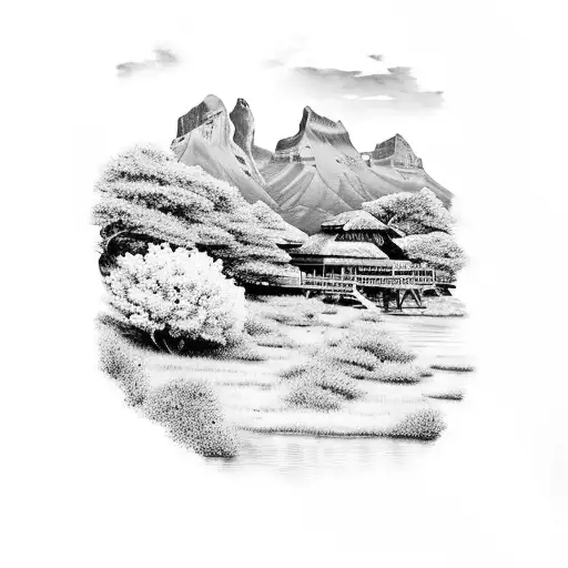 A serene landscape tattoo of Bora Bora with the names Erin, Tru, Sherrize, Shaheen, Willie, Sher-rise, Serenity, Paris, and London subtly hidden in the scenery tattoo design idea