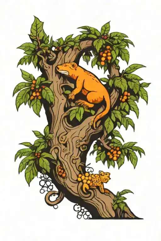 mango tree with gecko in the leaves and a orangutan up the trunk and a polar bear at the base. tattoo design idea