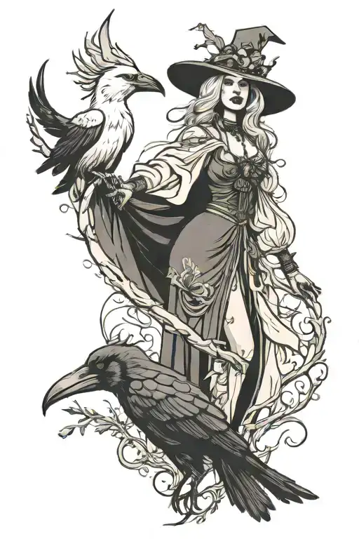 white witch with a dark man crows  tattoo design idea