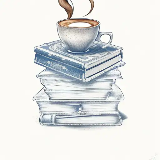 A big pile of ancient books with one cup of coffee tattoo design idea