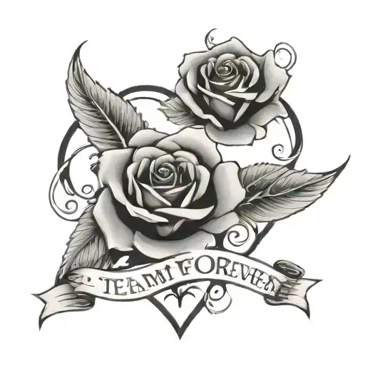 frase "EK TEAM FAMILY FOREVER " in heart with roses and tracers  tattoo design idea