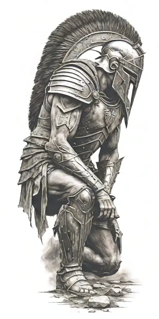 spartan warrior kneeling on the battlefield and looking up to the sky  tattoo design idea
