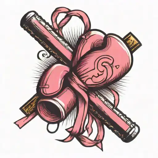 pink ribbon wrapped cross with boxing gloves hung below  tattoo design idea