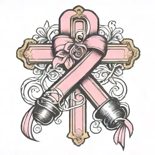 pink ribbon wrapped cross with boxing gloves hanging around tattoo design idea