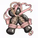 pink ribbon wrapped cross with boxing gloves hanging tattoo design idea