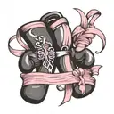 pink ribbon wrapped cross with boxing gloves hanging tattoo design idea
