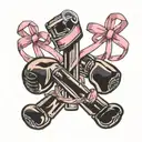 pink ribbon wrapped cross with boxing gloves hanging tattoo design idea