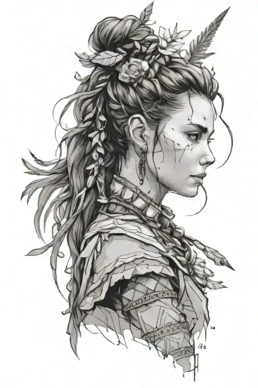 Design a portrait of Aloy from Horizon Zero Dawn with subtle elements representing the journey of male to female transition, in a realism style tattoo design idea