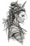 Design a portrait of Aloy from Horizon Zero Dawn with subtle elements representing the journey of male to female transition, in a realism style tattoo design idea