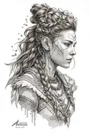 Design a portrait of Aloy from Horizon Zero Dawn with subtle elements representing the journey of male to female transition, in a realism style tattoo design idea
