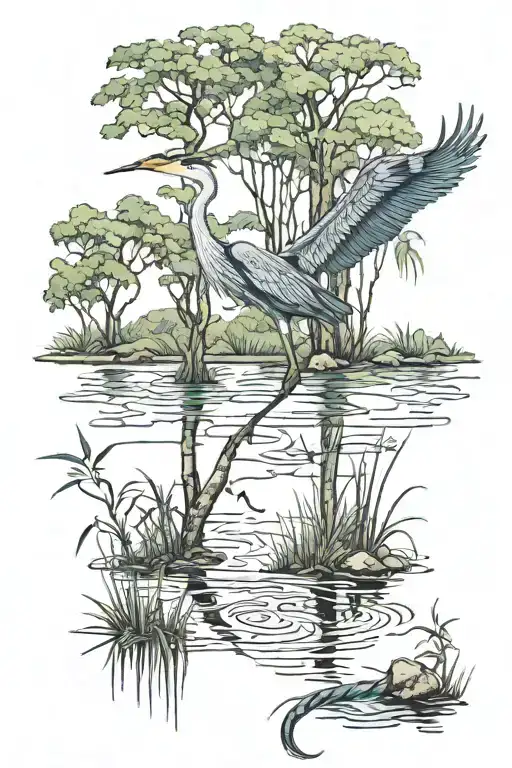 wetland forest scene treasure map with rope knots and a flying blue heron tattoo design idea