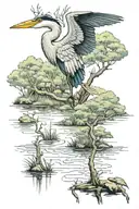 wetland forest scene treasure map with rope knots and a flying blue heron tattoo design idea