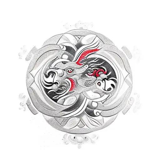 tattoo for upper arm of a monkey, rooster, ox and dragon all Surrounding a ying-yang in the centre tattoo design idea