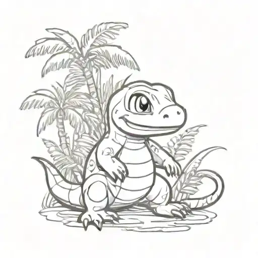 A stylized Charmander surrounded by tropical palm trees, capturing the client's favorite Pokemon in a unique setting tattoo design idea