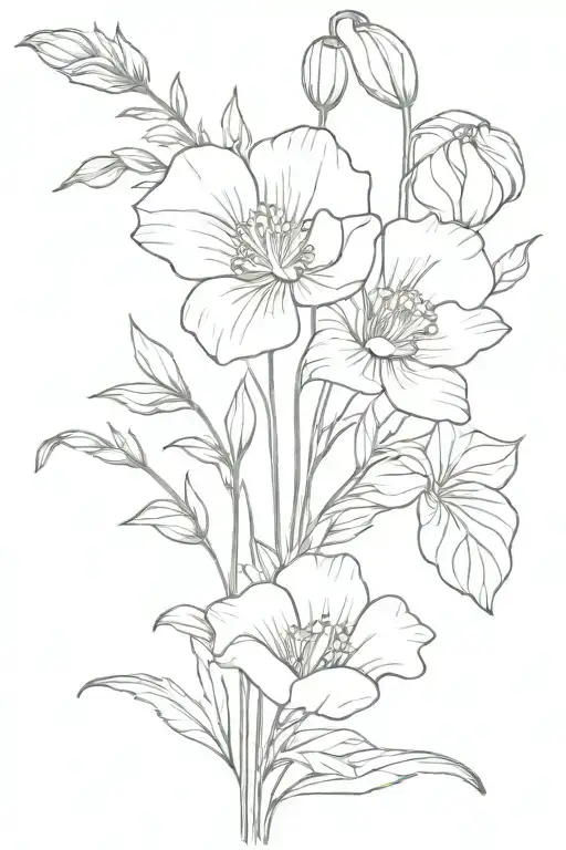 poppy, larkspur, honeysuckle, and lilly of the valley bouquet   tattoo design idea