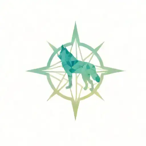 A geometric patterned compass rose with a wolf silhouette at its center, symbolizing the client's love for forest camping and exploration tattoo design idea