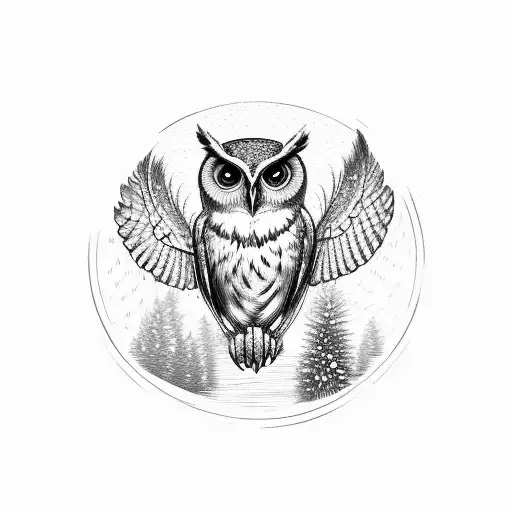 Imagine an owl with its wings outstretched, forming a circular frame around a detailed pine cone at the center. The owl' tattoo design idea