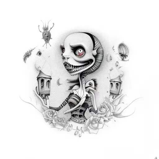 a sleeve compiled of Tim Burton characters tattoo design idea