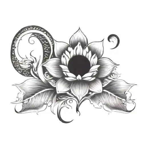 dark crescent moon, infinity sign lotus flower large tattoo design idea