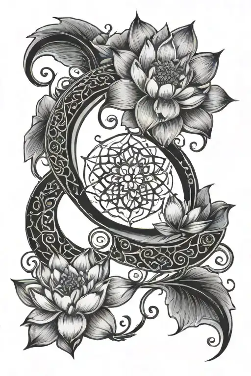 dark crescent moon, infinity sign lotus flower  tattoo design idea