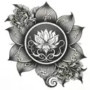 dark crescent moon upside down to cover up old tattoo, lotus flower in the middle and infinity sign above in figure of 8 tattoo design idea