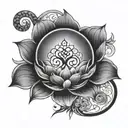 dark crescent moon upside down to cover up old tattoo, lotus flower in the middle and infinity sign above in figure of 8 tattoo design idea