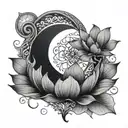 dark crescent moon upside down to cover up old tattoo, lotus flower in the middle and infinity sign above in figure of 8 tattoo design idea