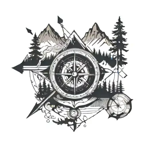 Sleeve. Nature, compass, arrows, mountains, trees tattoo design idea