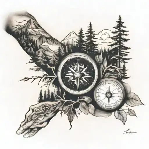 mens sleeve. compass, nature, mountains, trees, globe tattoo design idea
