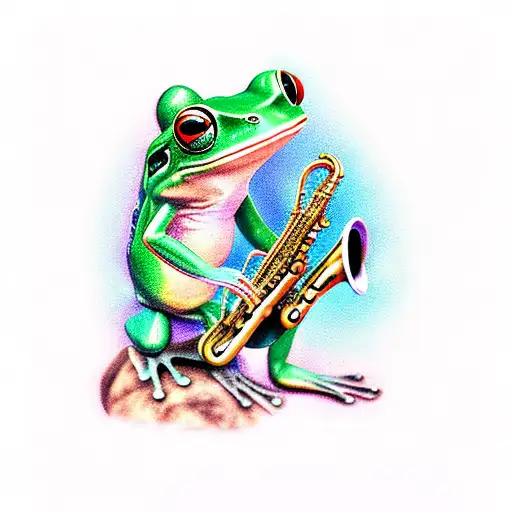 frog playing saxophone on a rock tattoo design idea