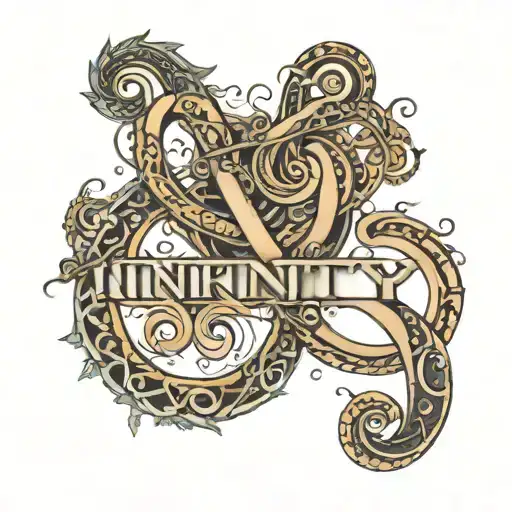 inifinity sign single thick line that includes the names Vijay, Anita, Davina, Dylan, integrated into the line tattoo design idea