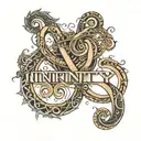 inifinity sign single thick line that includes the names Vijay, Anita, Davina, Dylan, integrated into the line tattoo design idea