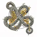 inifinity sign single thick line that includes the names Vijay, Anita, Davina, Dylan, integrated into the line tattoo design idea