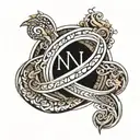 inifinity sign single thick line that includes the names Vijay, Anita, Davina, Dylan, integrated into the line tattoo design idea