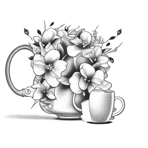 spilled coffee mug with Jasmine flowers and Jasmine flower bud coming out of mug in black tattoo design  tattoo design idea