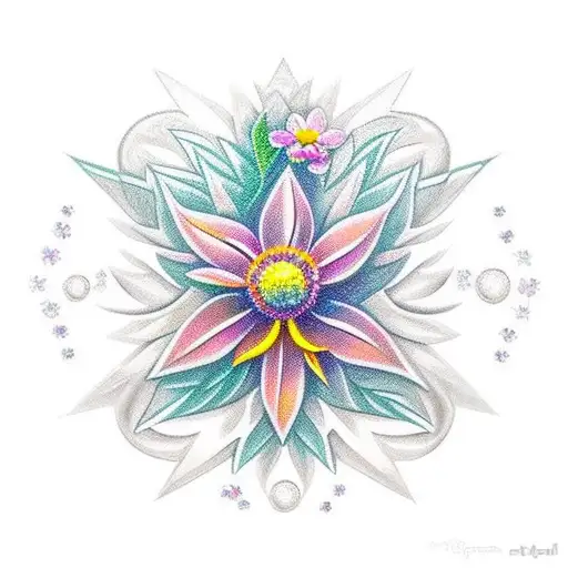 crystal with forget-me-not flower sunrise background in diamond tattoo design idea