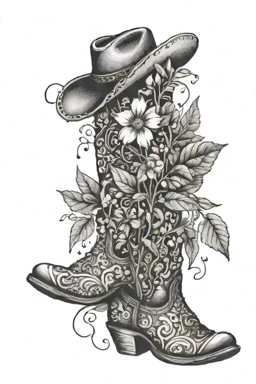 plants and cowboy boots tattoo design idea