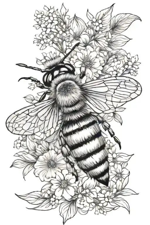 black and grey flowers, blue banded bee flying, bird  tattoo design idea