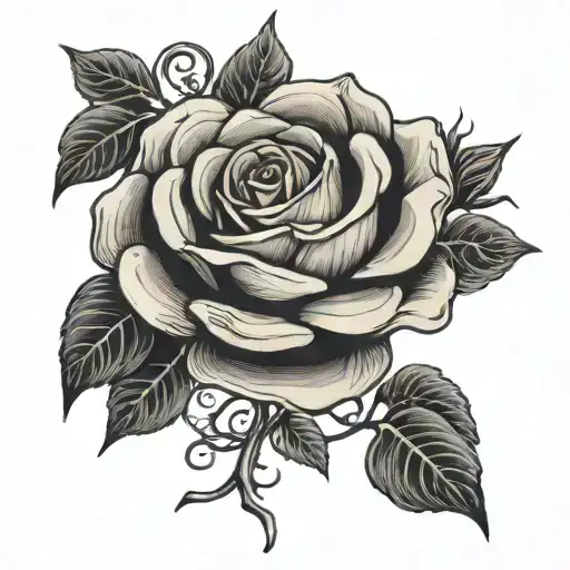 Black and beige rose interwoven with a gothic inscription that forms the inscription "life poisoned by love" tattoo design idea