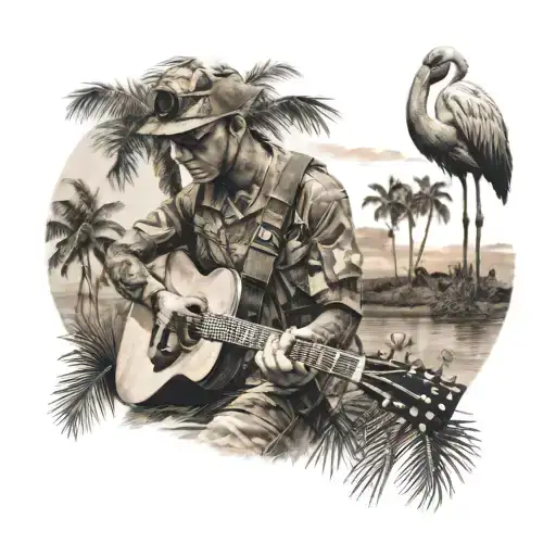 A realistic portrait of a soldier playing a guitar with a palm tree and flamingo in the background tattoo design idea