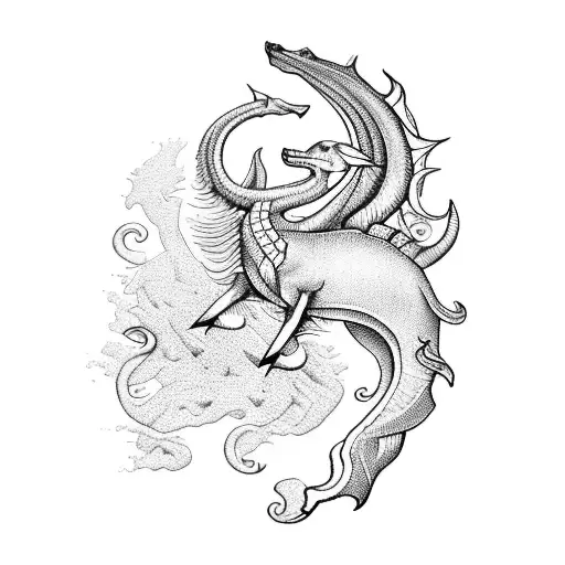 Start with a detailed and majestic sea-goat, representative of the Capricorn zodiac sign. The front part of this creatur tattoo design idea