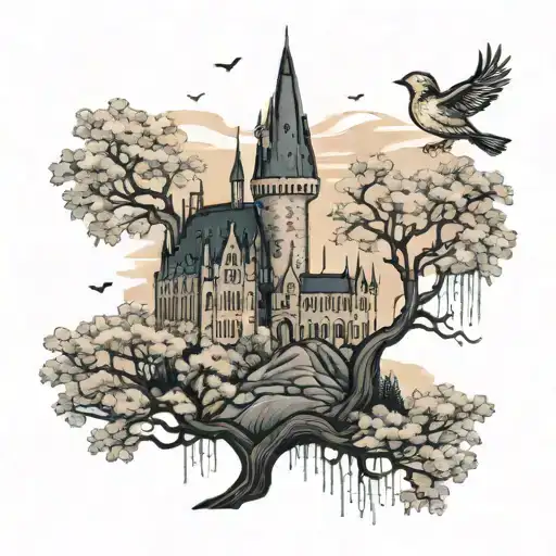 nighttime landscape of hogwarts castle, with a weeping willow and a small golden finch sitting on the tree  tattoo design idea