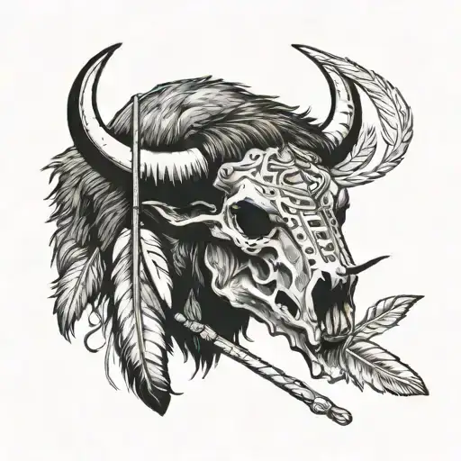bison skull with feather and traditional lacrosse stick  tattoo design idea