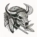 bison skull with feather and traditional lacrosse stick  tattoo design idea