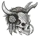 bison skull with feather and traditional lacrosse stick  tattoo design idea