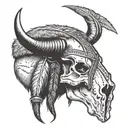 bison skull with feather and traditional lacrosse stick  tattoo design idea