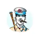 man on top of double decker bus, wearing coat and hat, smoking cigarette tattoo design idea