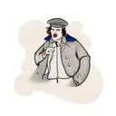 man on top of double decker bus, wearing coat and hat, smoking cigarette tattoo design idea